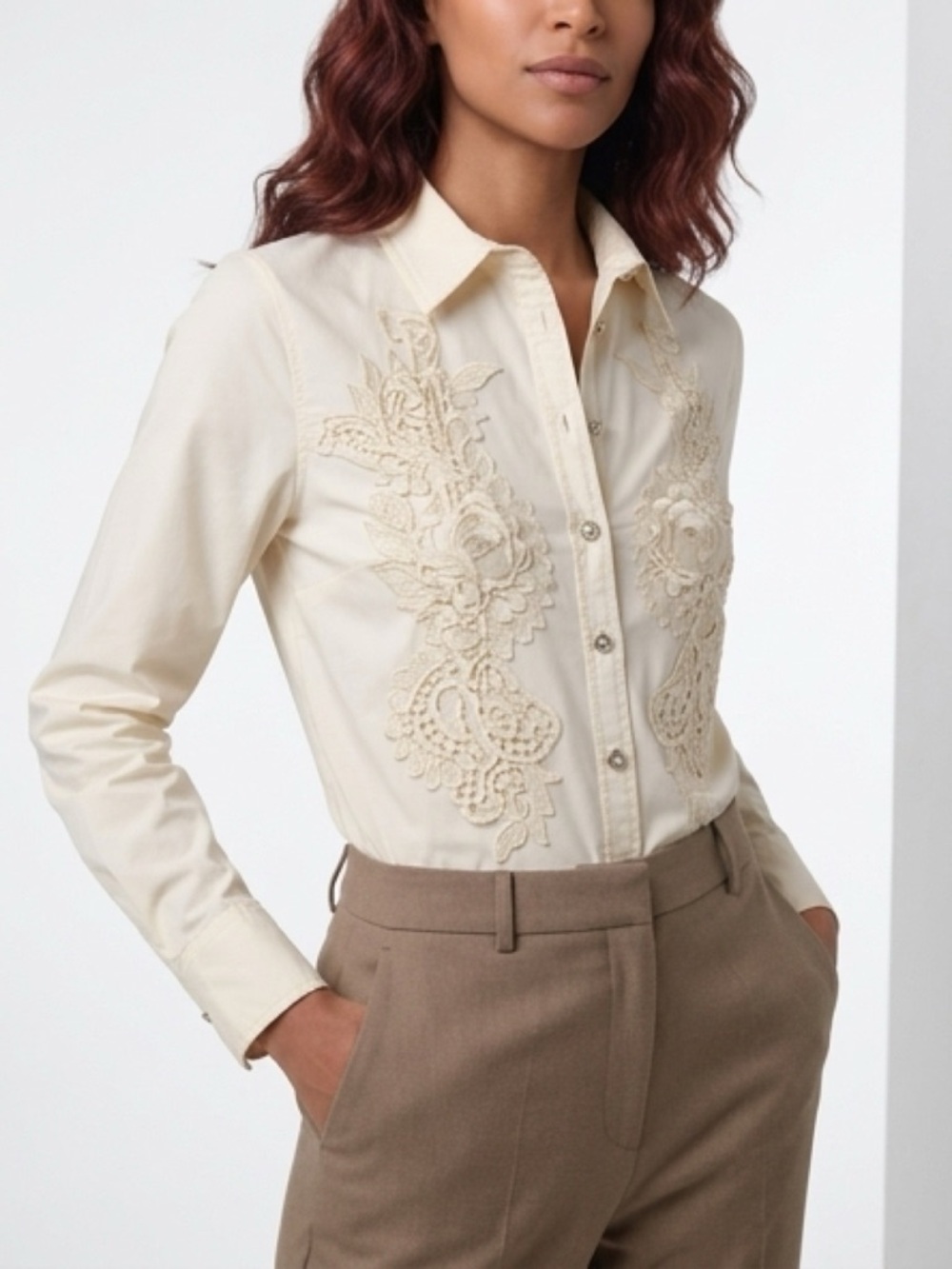 Aleeza Paris Mocha Embroidered Crystal Button-Down Blouse
